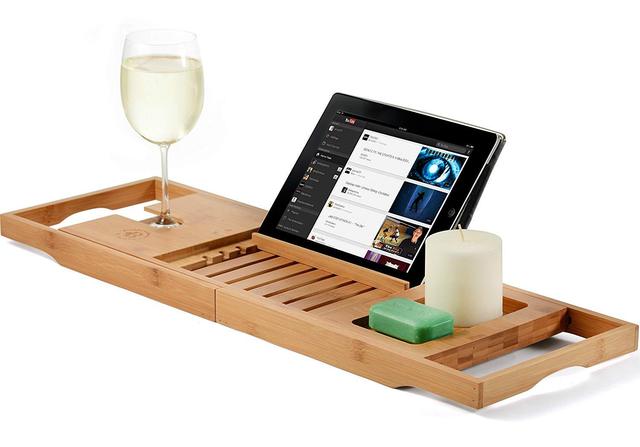 Modern Bath Bamboo Tray Caddy Extendable Bath Rack Tray