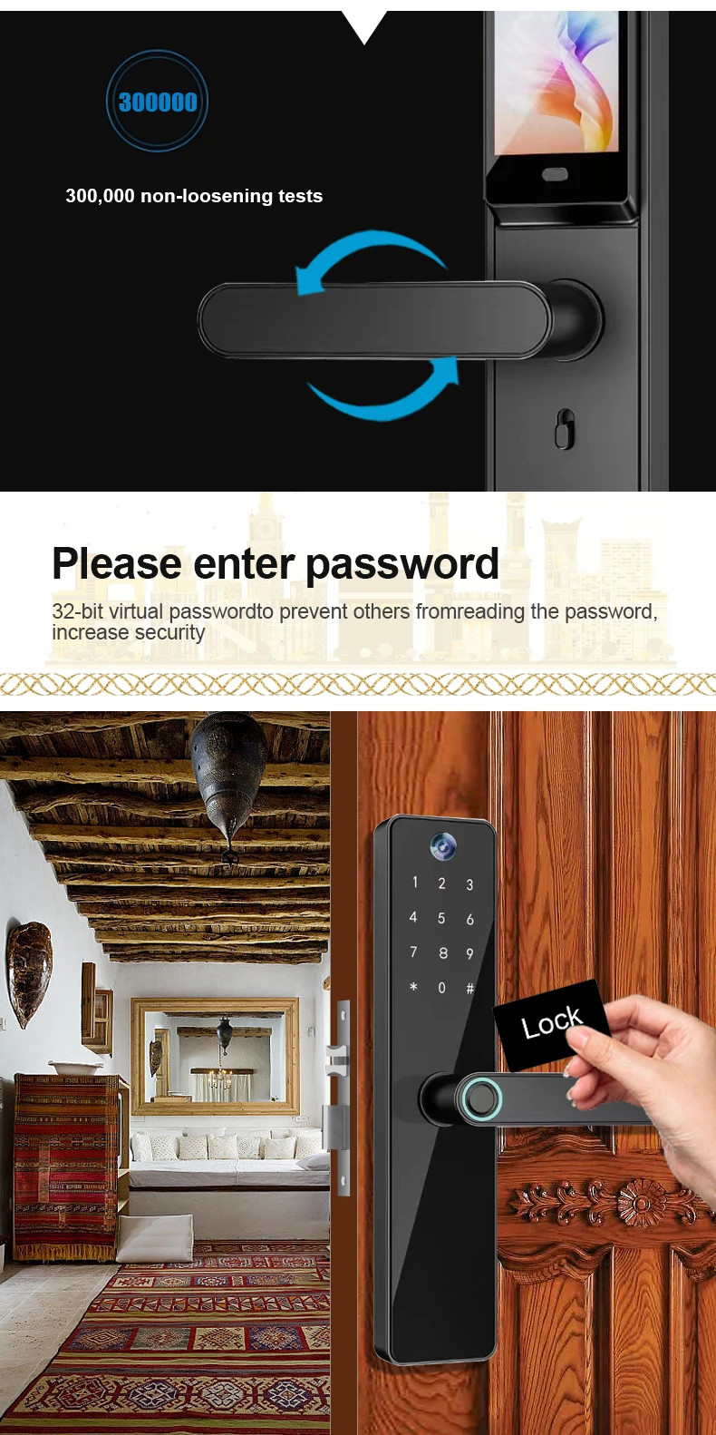 Peephole Camera Smart Front Door Locks TH-505 Black Biometric Code Card Key Tuya Unlock