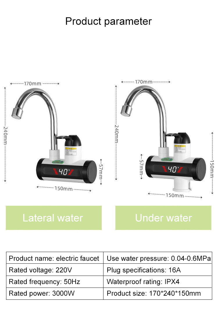 3000W Instant Electric Water Heater Tap RoHs Kitchen Faucet With Temperature Display