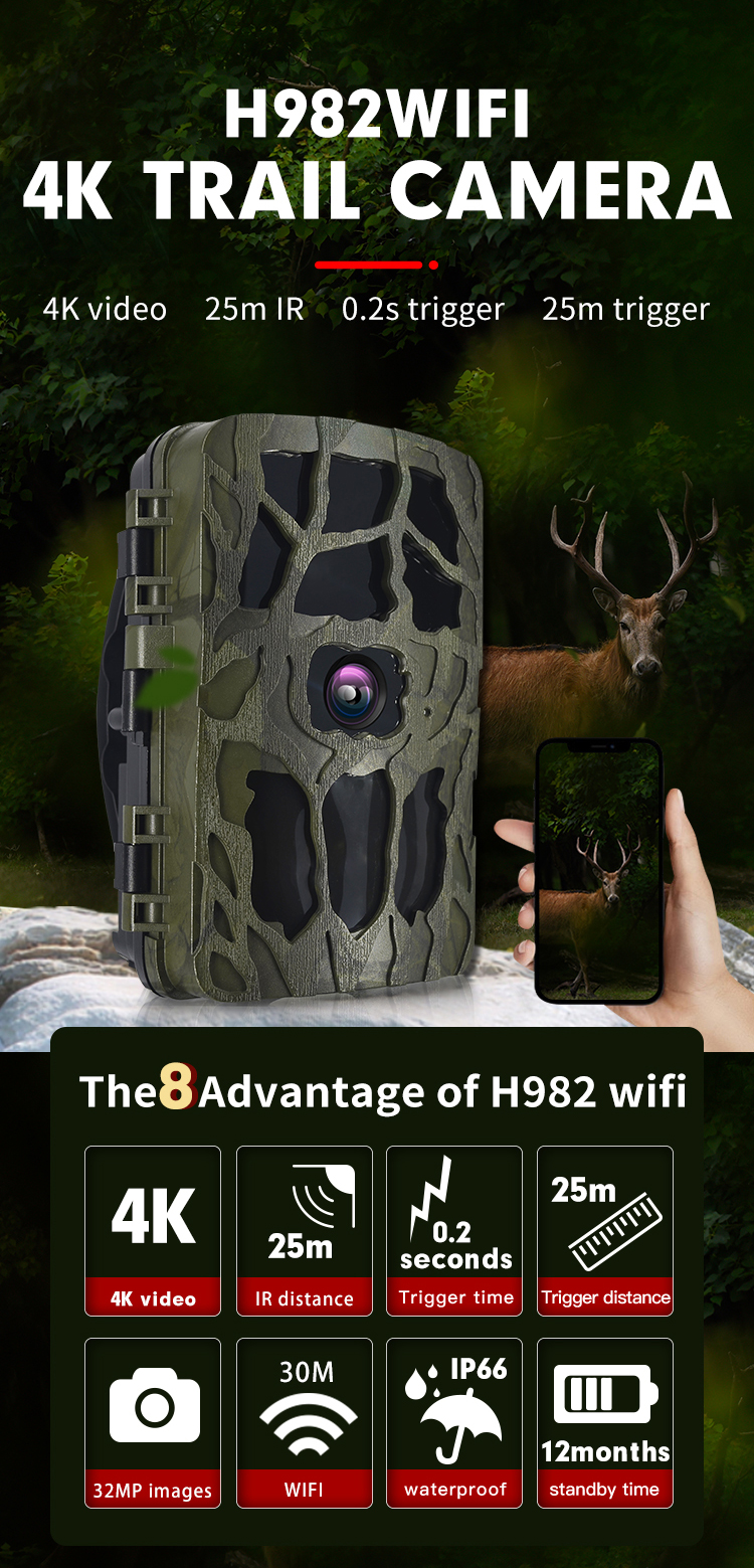 Outdoor 32MP 4K Video 2.4 Inch LCD IP66 Waterproof Night Vision Wildlife Game Hunting Trail Camera Wifi For Hunting