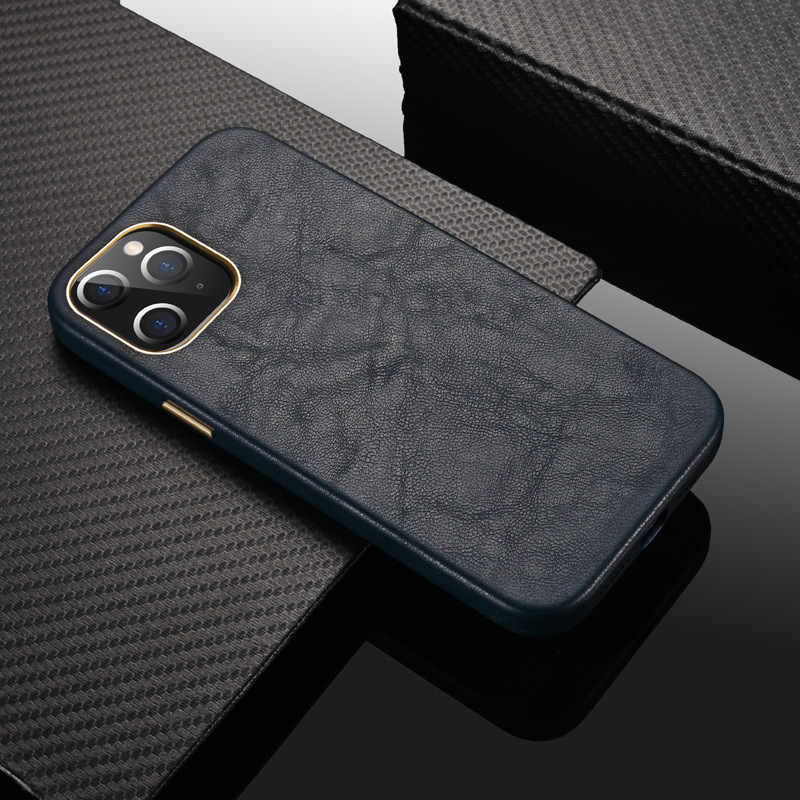 Sheep Grain Genuine Leather Phone Cover for iPhone 14 Pro Max 2022 Design Full Wrapped