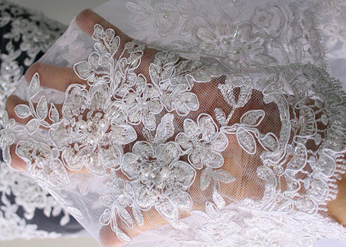 Embroidery Pearl Floral Corded Lace Fabric , White Bridal Lace Fabric With Scalloped Edge