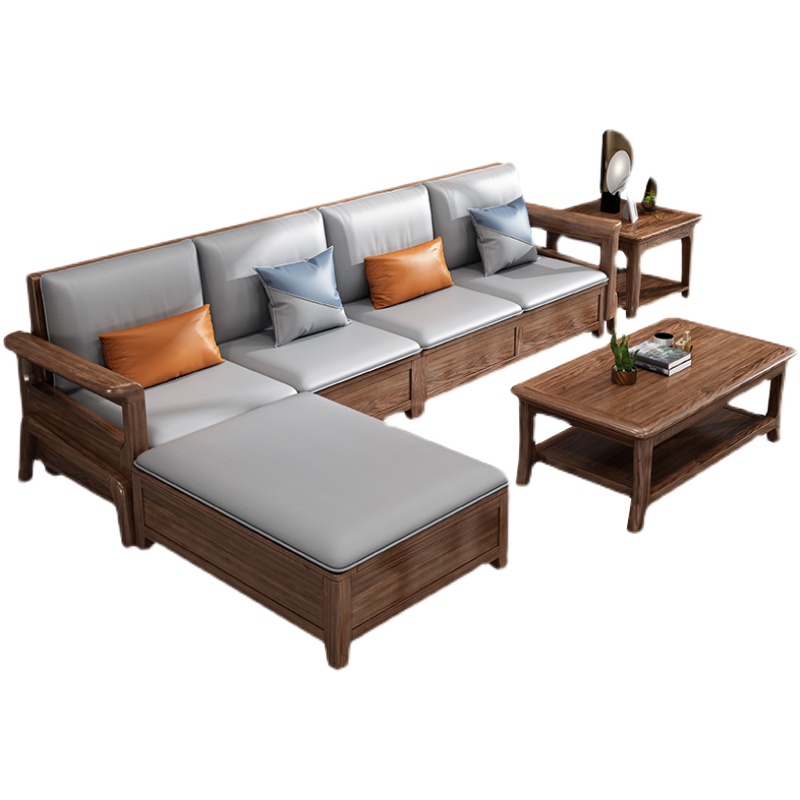 Teak Solid Wooden 7 Seater Sofa Set Modular Lounge With Leather Upholstery