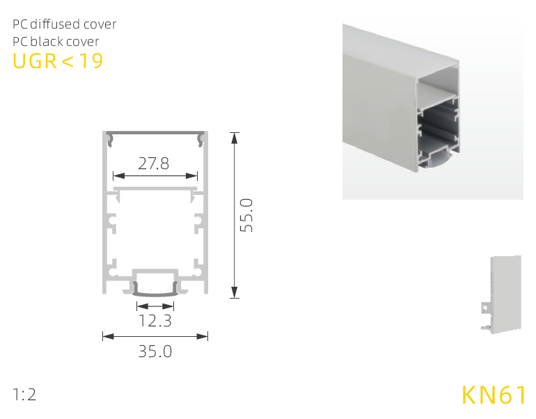 Aluminum LED Profile linear lighting with PC diffuser W35mm H55mm for Up and Down lighting