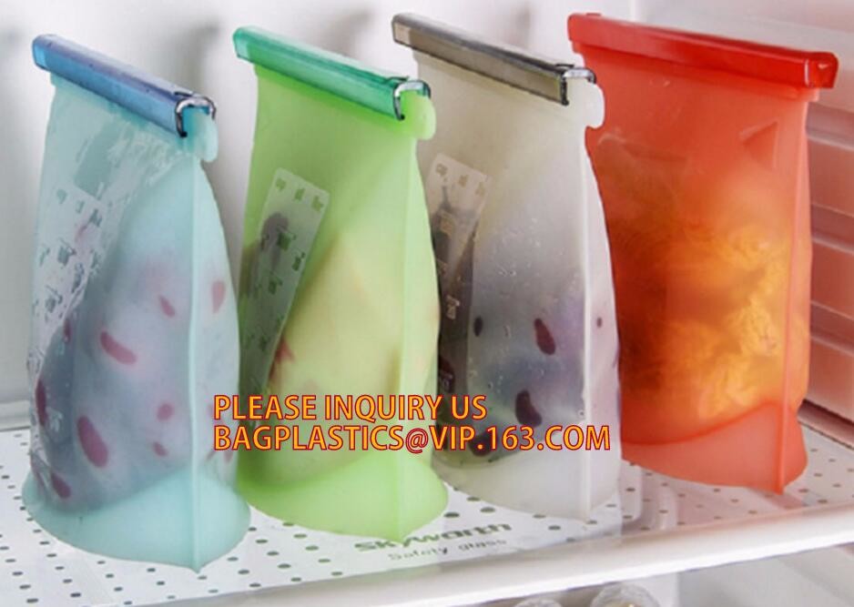 Storage preservation reusable silicone food bag,FDA reusable silicone storage food bag with Zip lockk in microwave bagease