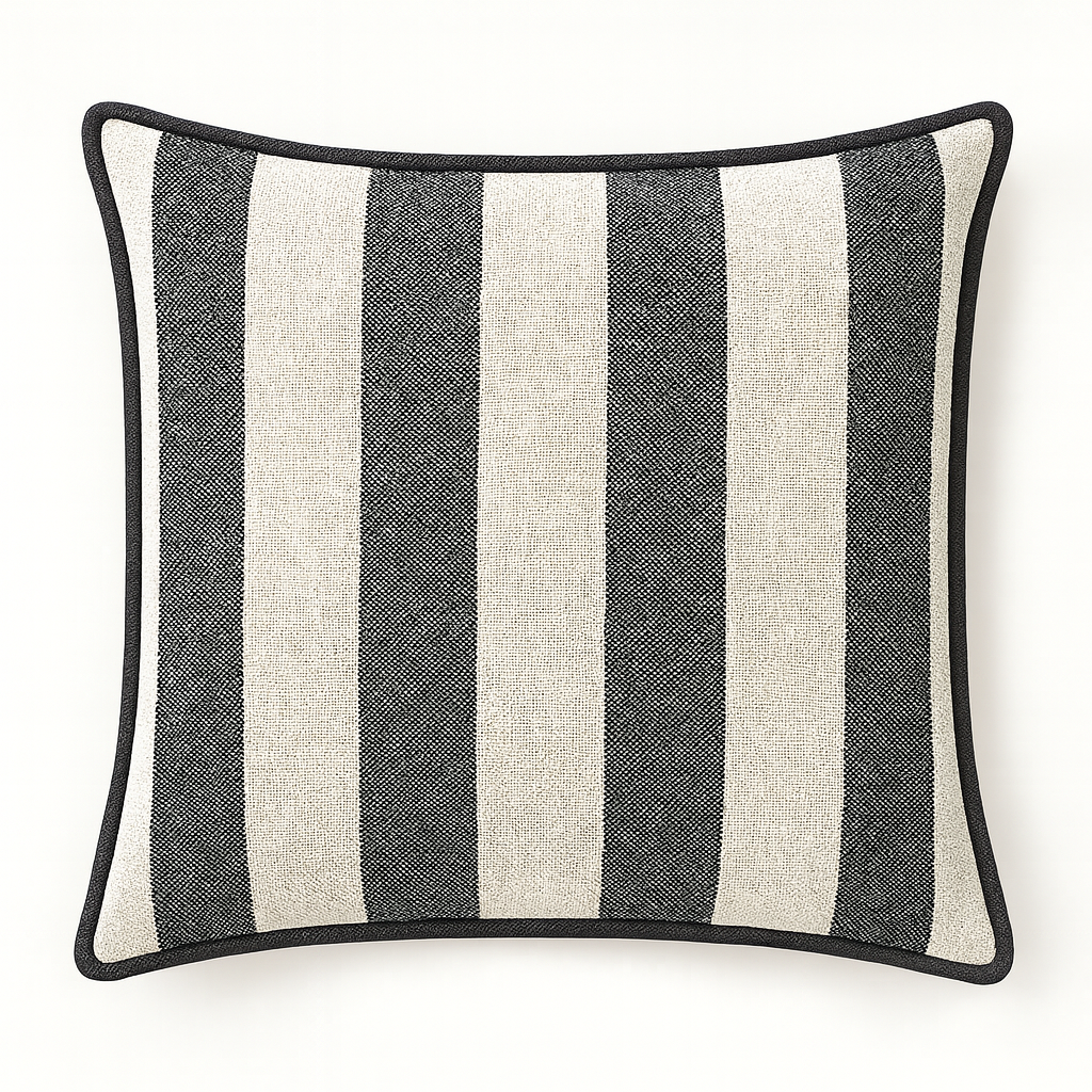  Modern Black &amp; Ivory Wide Stripe Decorative Pillow with 55%Linen,45%Viscose Cover and Piped Edges Manufactures