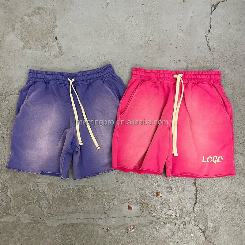 Elastic Waist Rope Strap Fleece Sun Faded Sweat Shorts for Men Summer Jogging Style