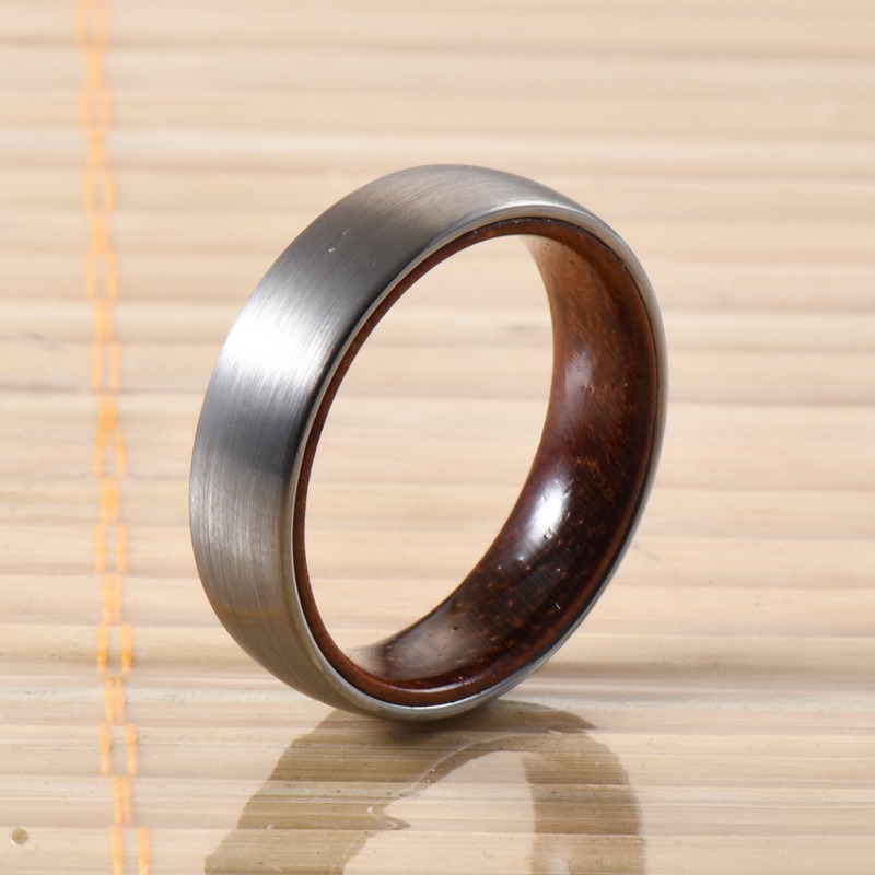 Geometric Pattern Tungsten Wedding Band for Men and Women 6mm Rose Wood Inner Ring in Beveled or Offest Grooved Styles