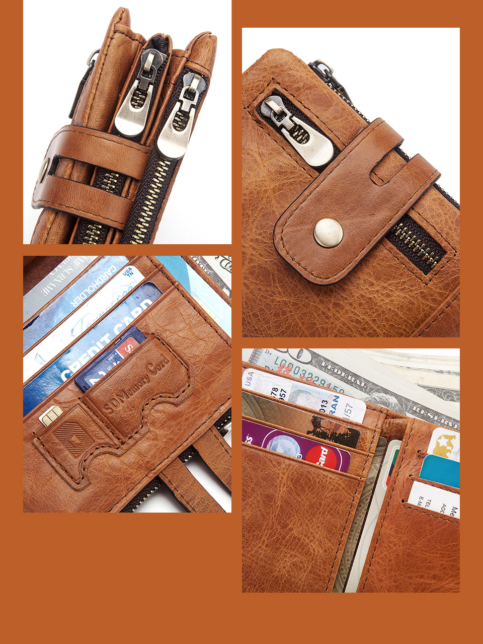 Business Design Style Genuine Cowhide Leather RFID Mini Wallet for Mobile Phone Cases