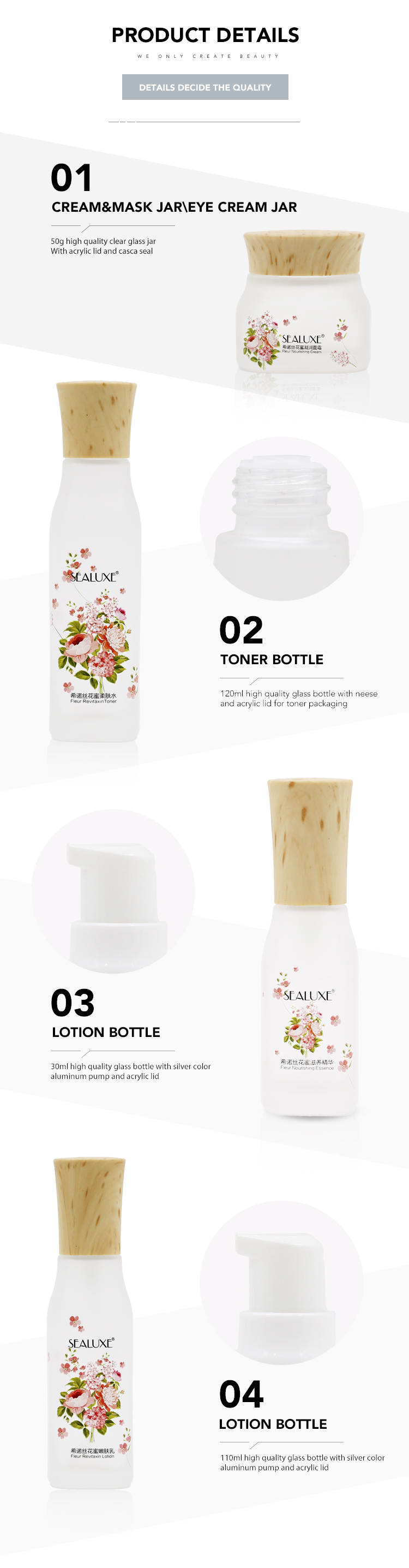 20 410 20mm Frosted Glass Cream Jar 30ml Essential Oil Bottles 50g