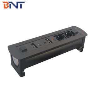 Media power data connection motorized flip up tabletop power socket box