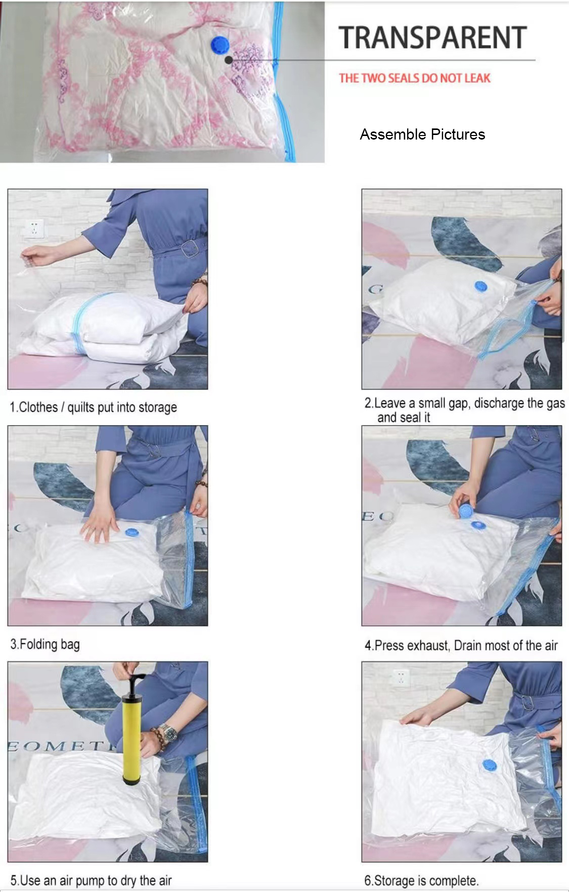 PE Plastic Vacuum Compression Bag for Quilts Clothes and Travel Spot Air Suction Valve