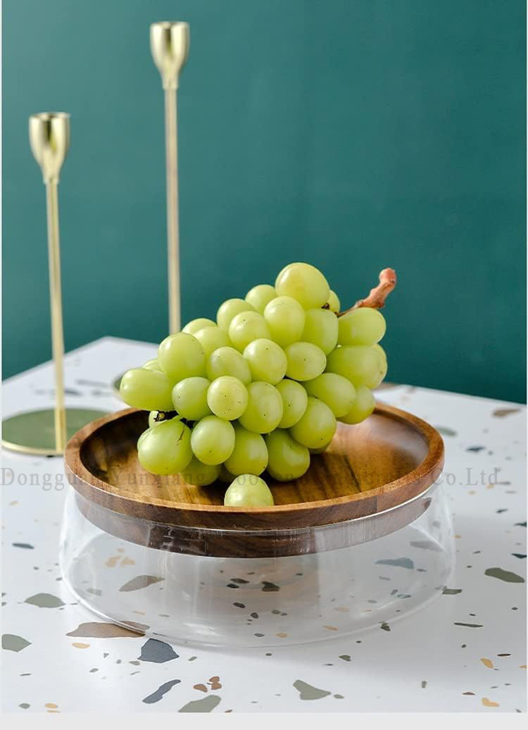 Creative Glass Bowl with Wood Plate Fruit Nut Dried Storage Boxes Container Fruit Tray with Wooden Lid for Home Kitchen Office