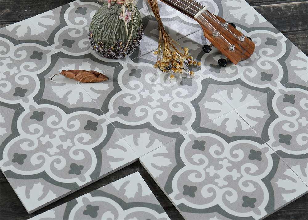 Non-Slip 20x20cm Ceramic Rustic Tiles For Office And Gray Floral Wall Tiles For Living Room