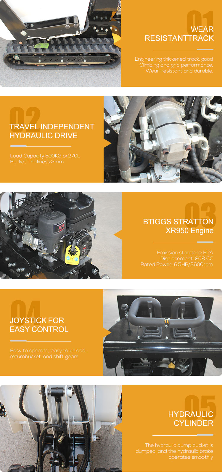 Automatic Tracked Dumper Max. Operating Mass 860 kg Tandem Gear Pump 4cc x2 3600rpm