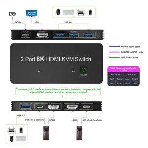 2 Port HDMI 2.1 KVM Switch with USB 3.0 2 Input 1 Output LED Indicators Female