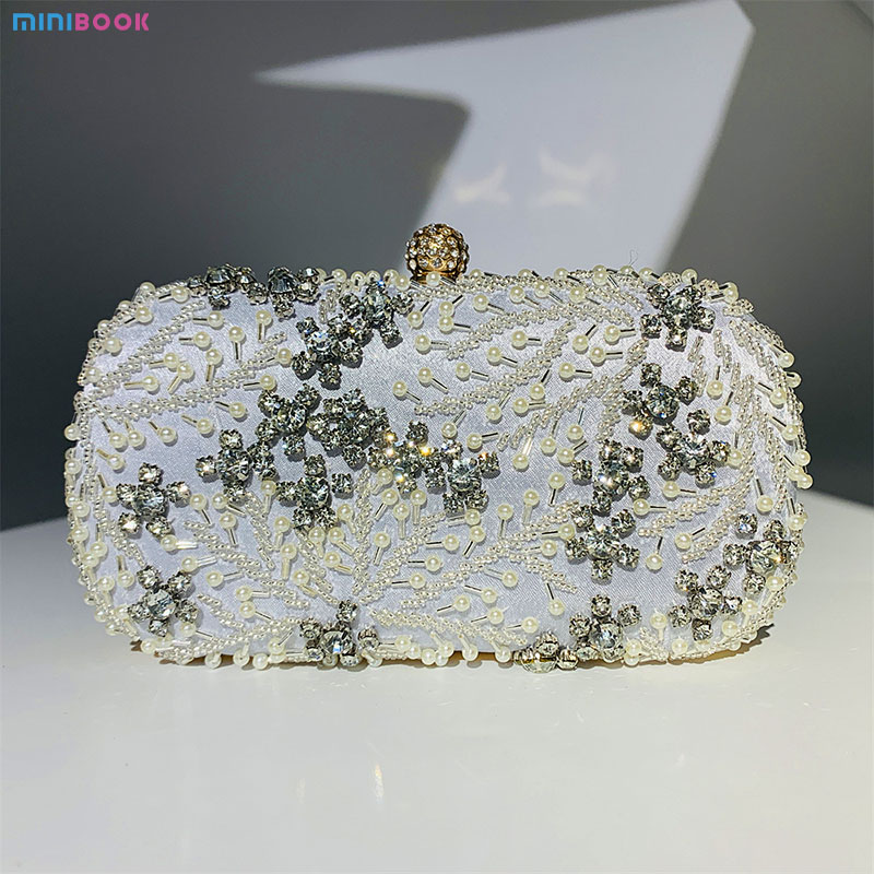 Availiable Sample Pearl Shining Diamond Rectangle Hand Bag for Ladies Wedding Handbag