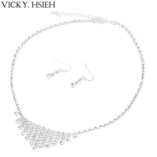 VICKY.HSIEH Silver Bridal Crystal Rhinestone Stick Fan Shape Necklace and