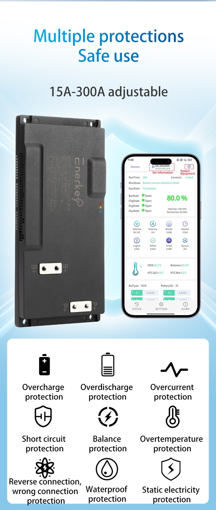 Active Balance BMS 100A 200A 300A LiFePO4 Smart BMS Board CAN RS485 51.2v Active Equalizer Golf Cart BMS Lifepo4 59.2v 280ah
