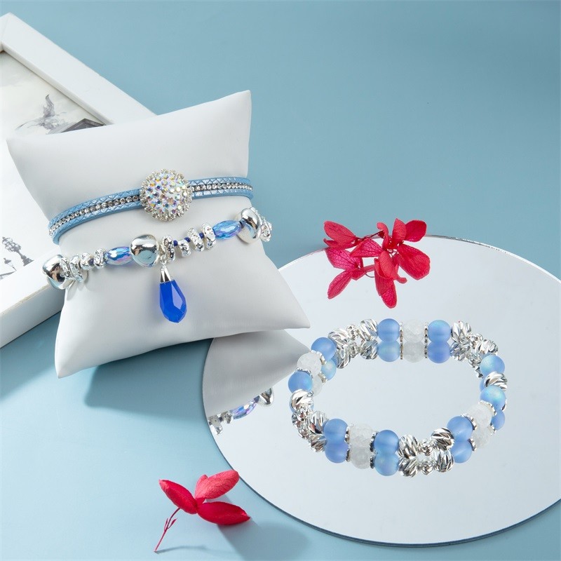 Boho Girl Style Handmade Leather Stackable Bracelet Set Bule For Anniversary Gift