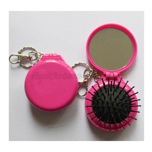 Promotional printed logo portable fold make up dress mirror with comb keychain