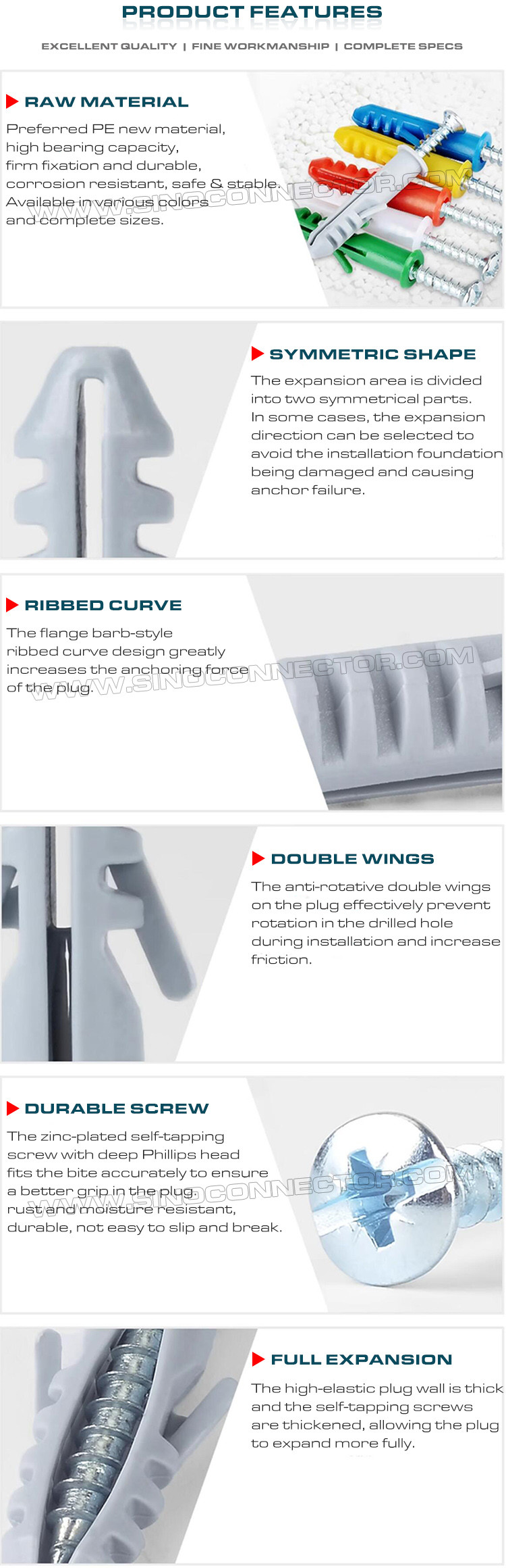 Rimmed Plastic Expansion Plugs /Anchors with Double Wings & Screws, Fishlike Type, Polyethylene, Ø5~Ø16mm, for Concrete Wall