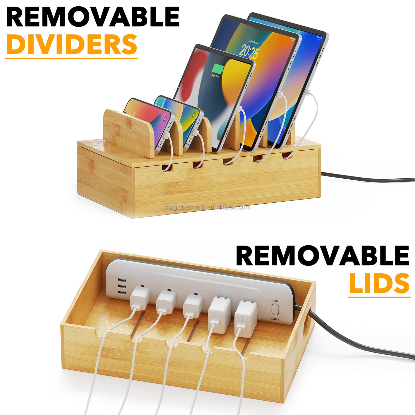Highly Customized Bamboo Charging Station for Multiple Devices Device Cable Organizer