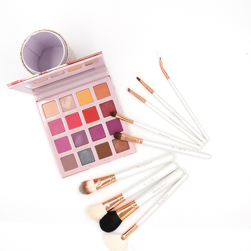White Wooden Handle Synthetic Makeup Brush Set 9pcs With Case