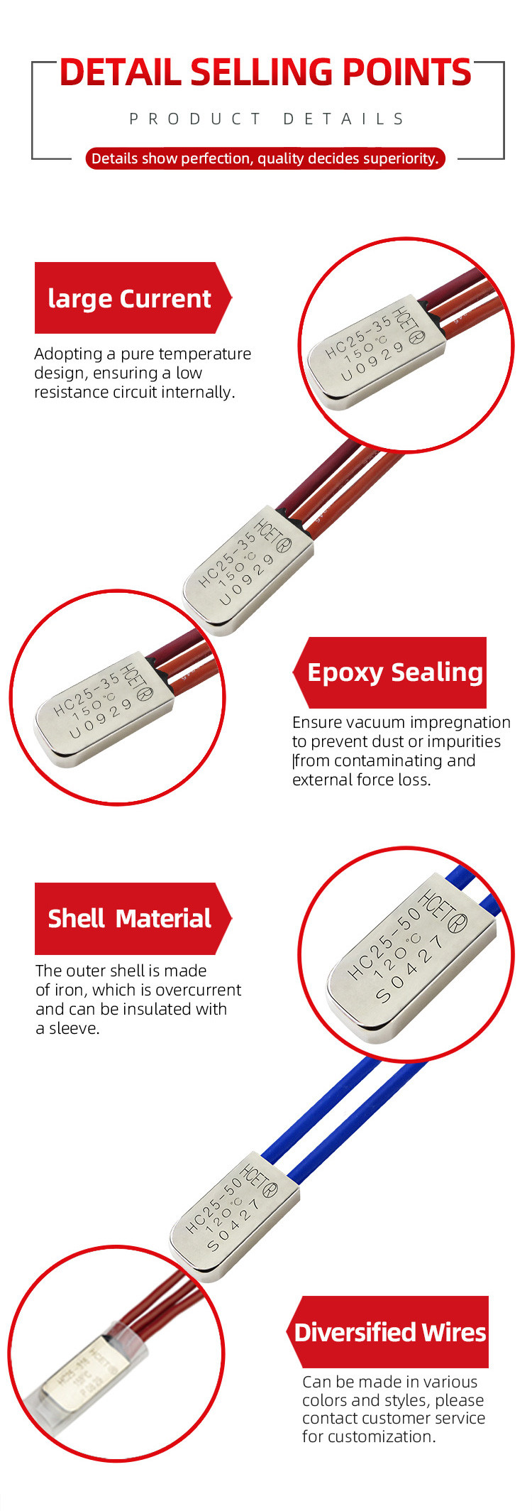 HCET Thermal Protector Switch Motor Temperature Cutoff Switch For Battery Charging