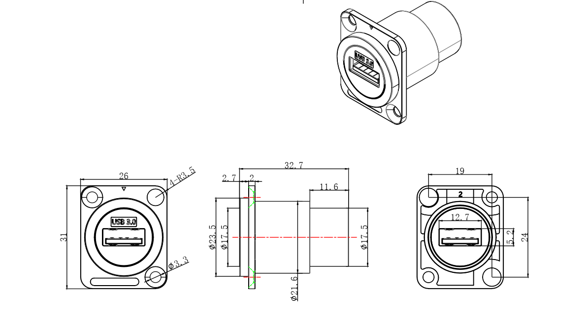 USB Panel Mount Connector Ip65 Waterproof 9 Pin USB Connector for Format Conversion