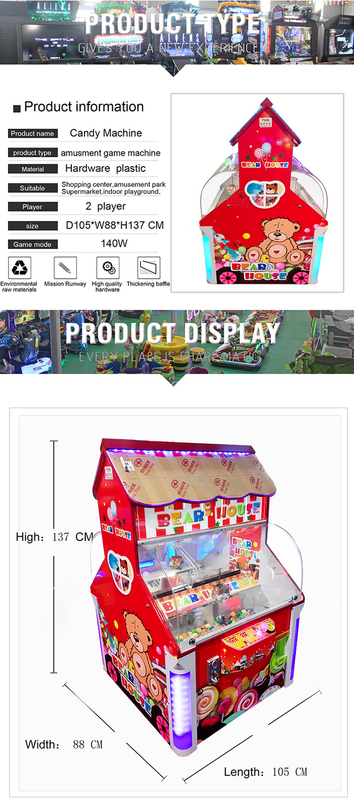 LCD Screen Coin Operated Amusement Machines Double Players Candy Machine