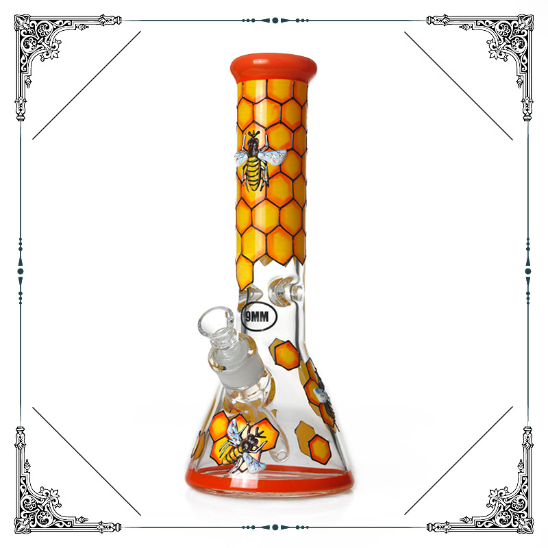 9mm Thick Bong Colorful Honeybee Art On Glass Smokig Pipe 13.5 Inches Hookah