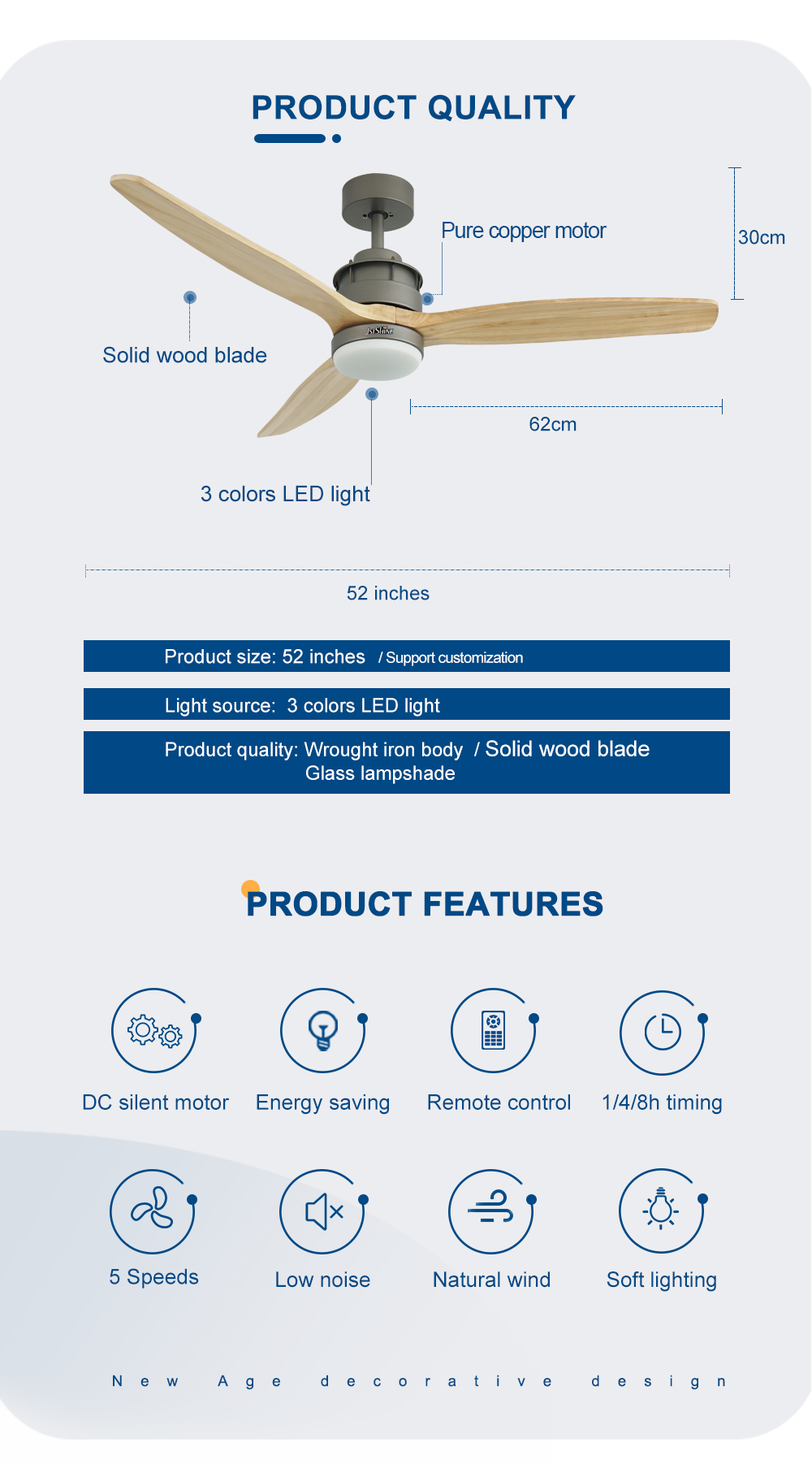Home Office Necessity 3 Blade Wood Blade Ceiling Fan with Light and Remote Control