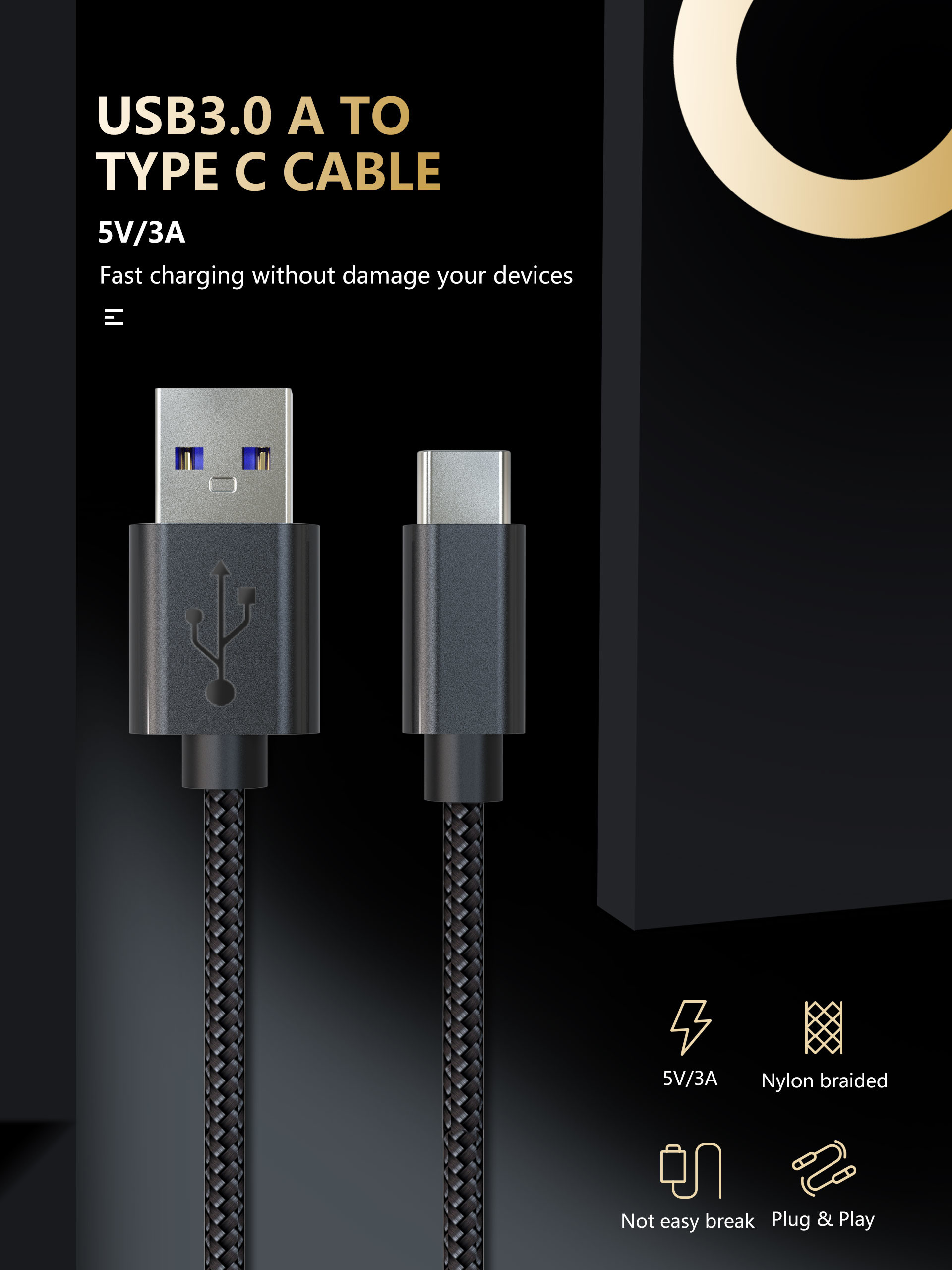 5G 3 Foot Usb Type C Cable 3a Fast Charging For Data Transmission