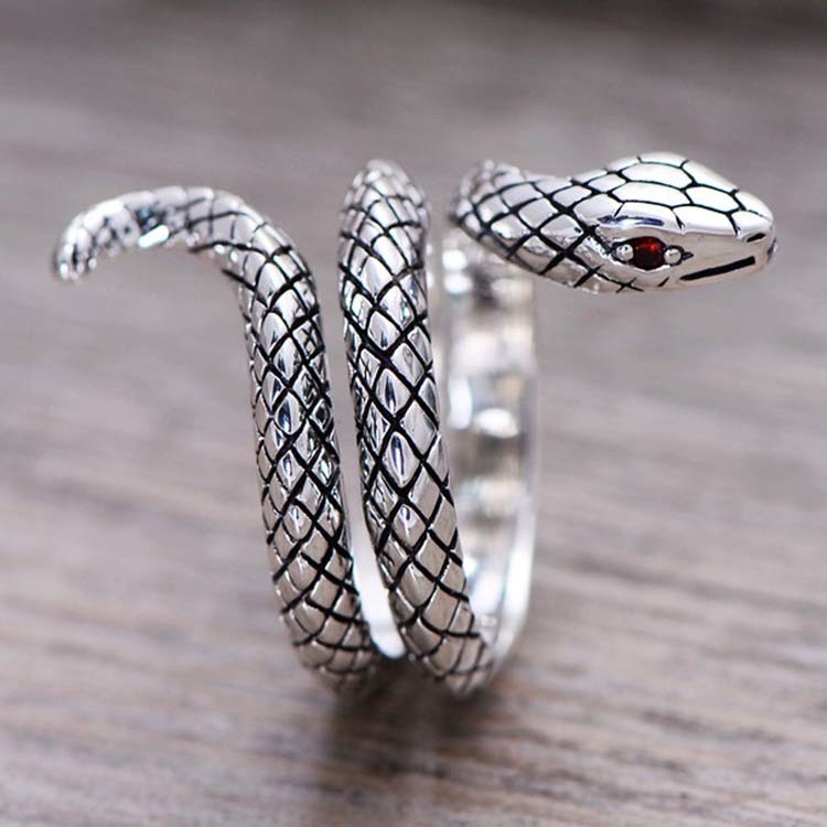 Snake Style Simulated Garnet Eyes Scale Serpent Ring 925 Sterling Silver Band Ring(057738)
