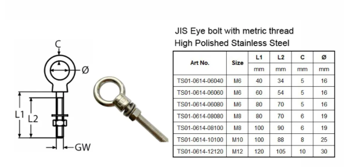 Polished Finish JIS1168 Eye Bolt For Heavy Industry And Corrosion Resistant Hardware