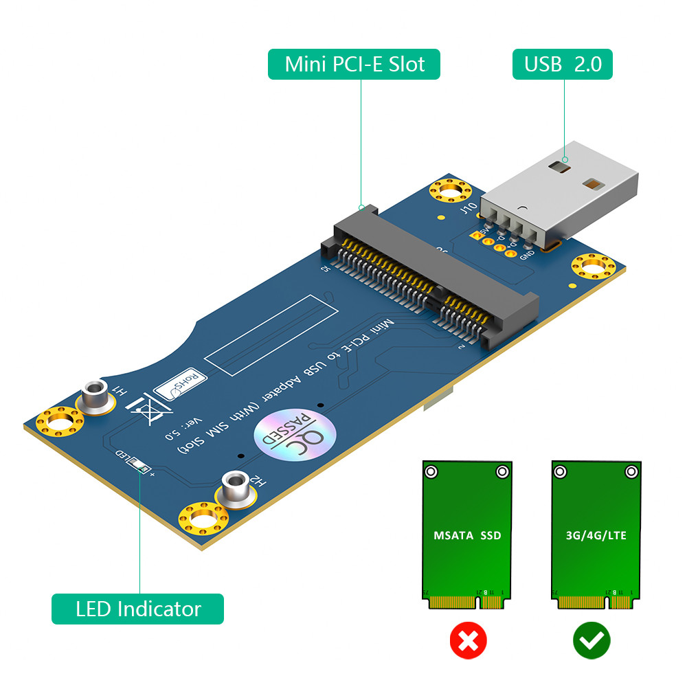 Mini PCI-E PCIe 52Pin to USB 2.0 Wireless Module Adapter Riser Card with SIM Slot VER 5.0 For 3G 4G WWAN LTE GSM Modem