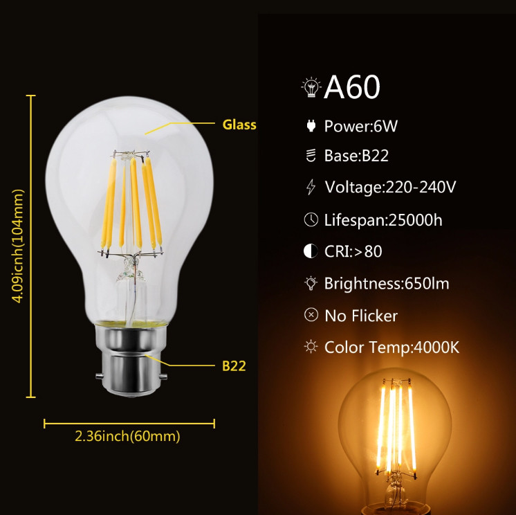 2700K 4W 6W 8W LED Filament Bulb B22 Vintage Glass Edison Dimmable A19 A60 LED Light Bulb