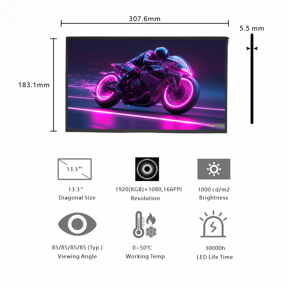 13.3-Inch Large FHD Outdoor Display | 1920×1080 Resolution, EDP Interface, 1000cd/m² High Brightness for Outdoor Kiosks & Street-Level Digital Signage