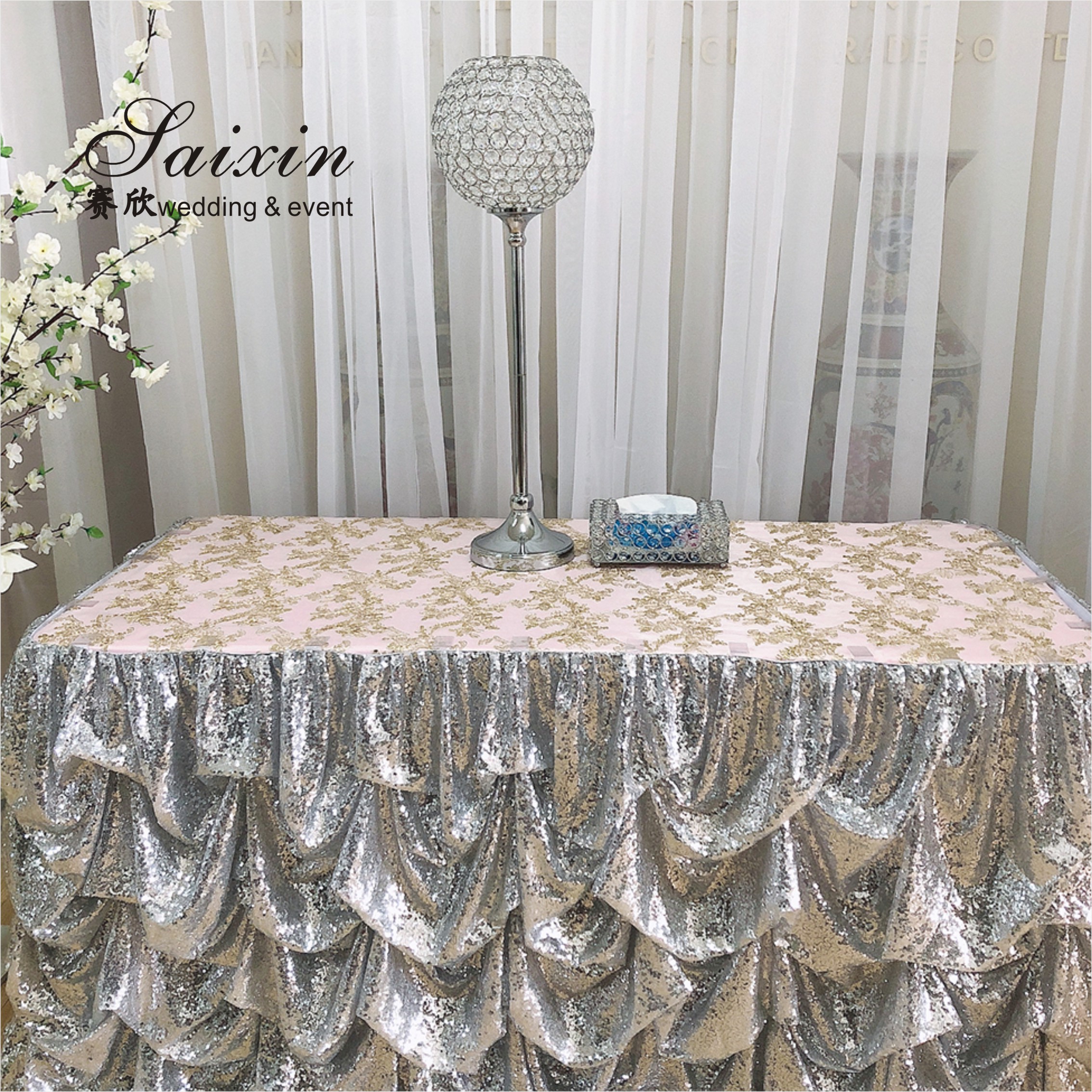 Hot Sale Gorgeous blue silk cloth drape valance curtains with ivory tassel