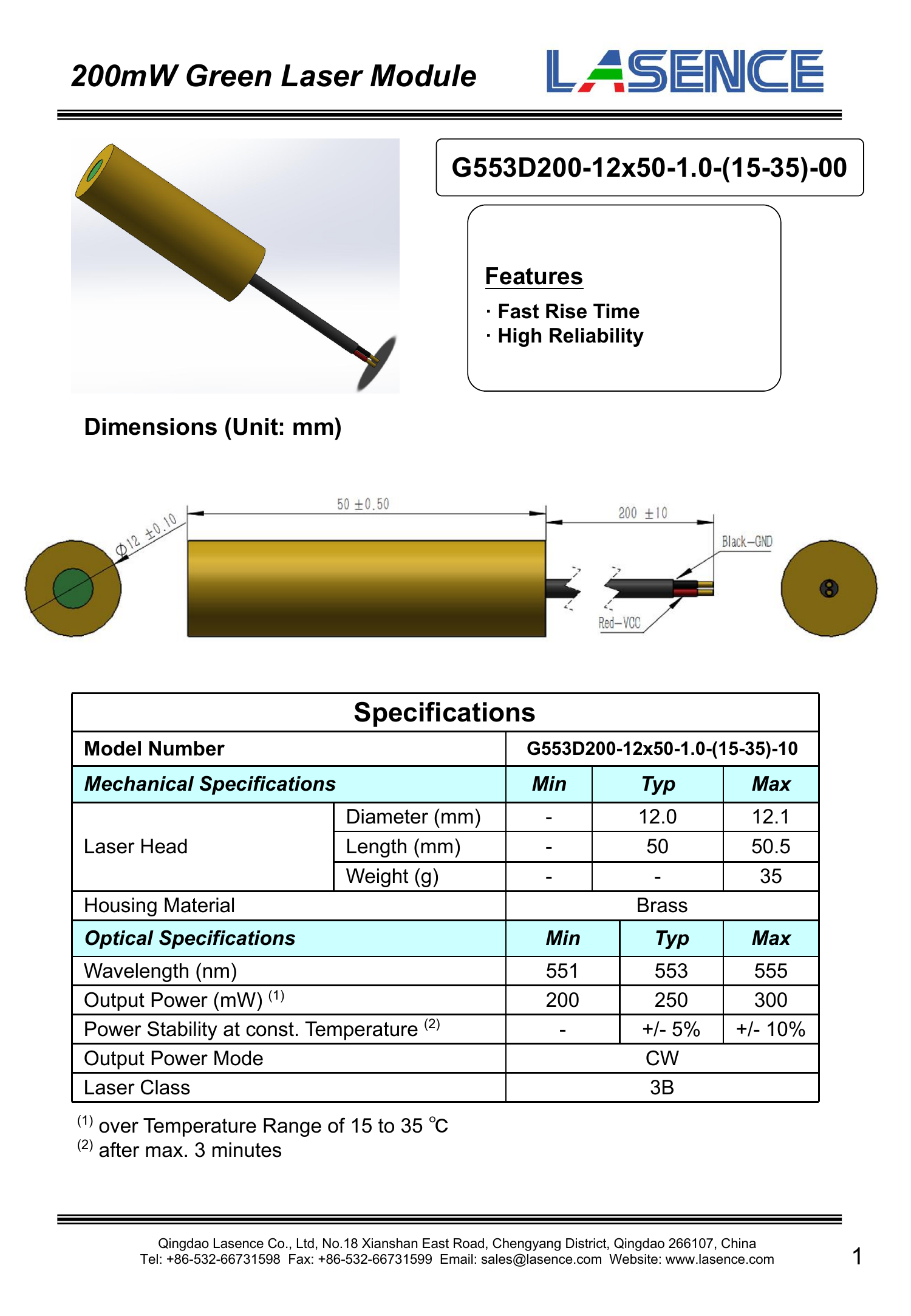 650nm 5VDC Line Laser Module with 5000 Hours Lifetime and Brass Gold-plated Housing