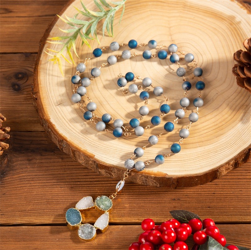 Natural Druzy Flower Pendant Handmade Gold Chain Necklace With Gray Lava Beads