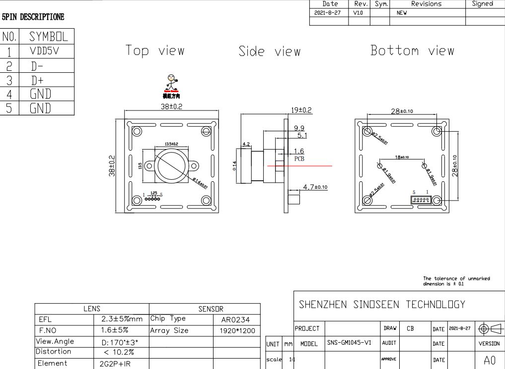 Zero Distortion USB Camera Module 1080p AR0234 For Industrial Inspection