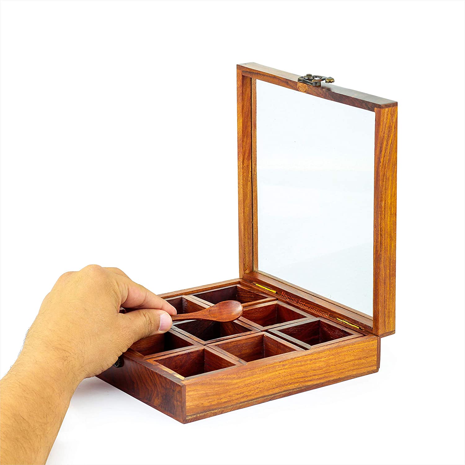 8" Wooden Handcrafted Multi-Compartment Square Storage Box | Kitchen Ware Jar Container Canister For Spices/Sugar/Tea/Dry Fruits