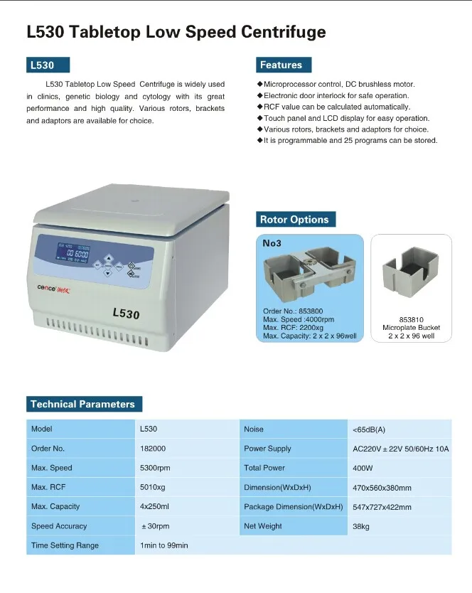 Lab Centrifuge L530 Low Speed Blood Centrifuge With Swing Out Rotor