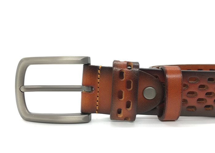 Men's Large Metal Buckle Hollow Wide Waist Belt Genuine Leather 1.5 Inches Wide Tan Color