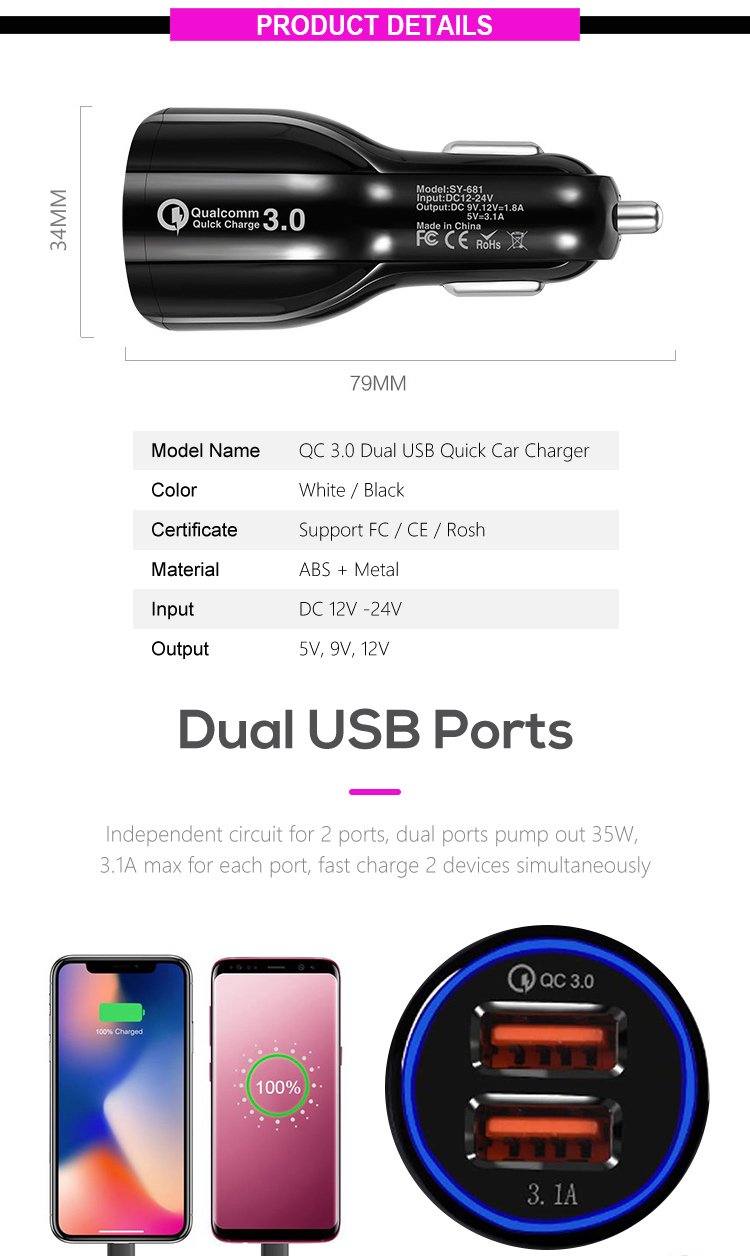 Electric Mobile Phone 12V 8CM QC 3.0 Usb Car Charger