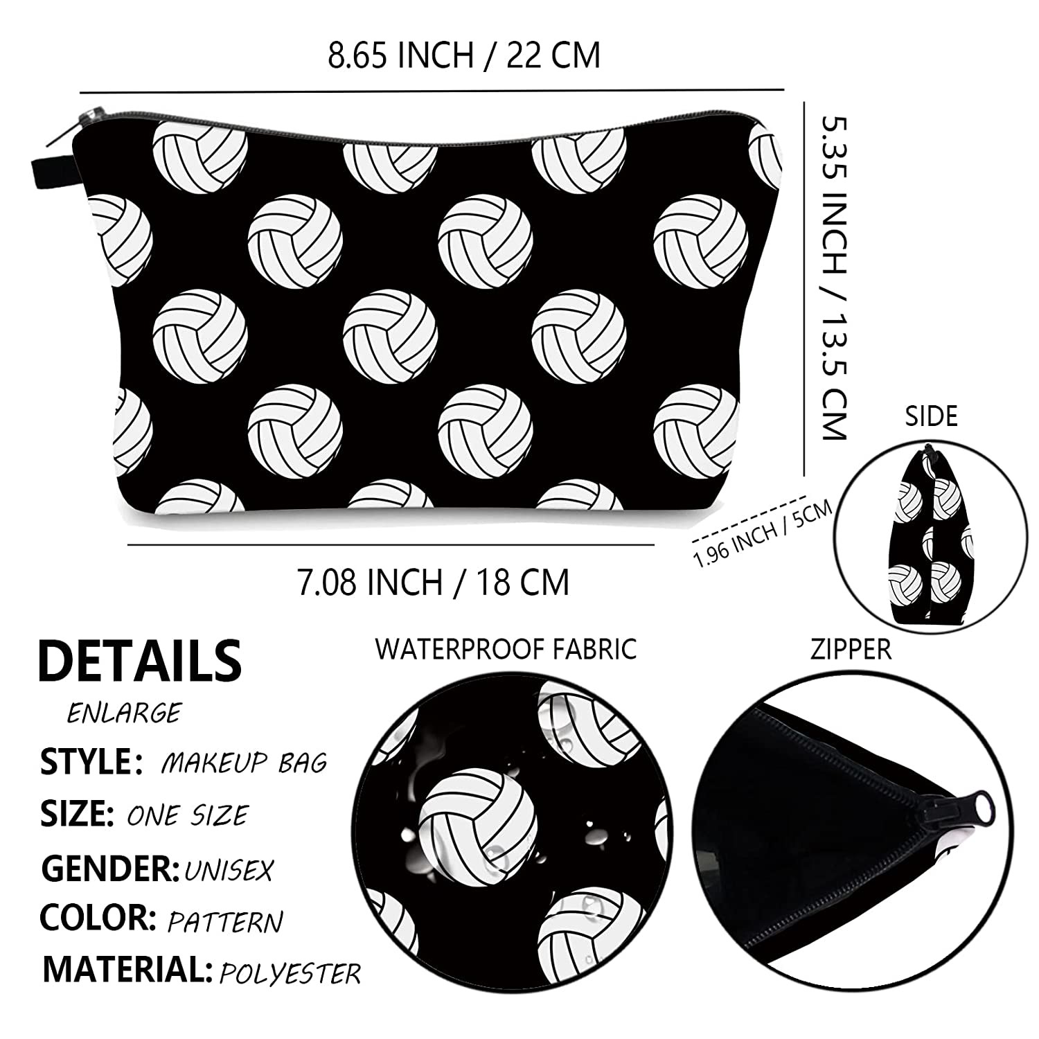 Black And White Water Resistant Cosmetic Bag Volleyball Gifts For Teenage Girls