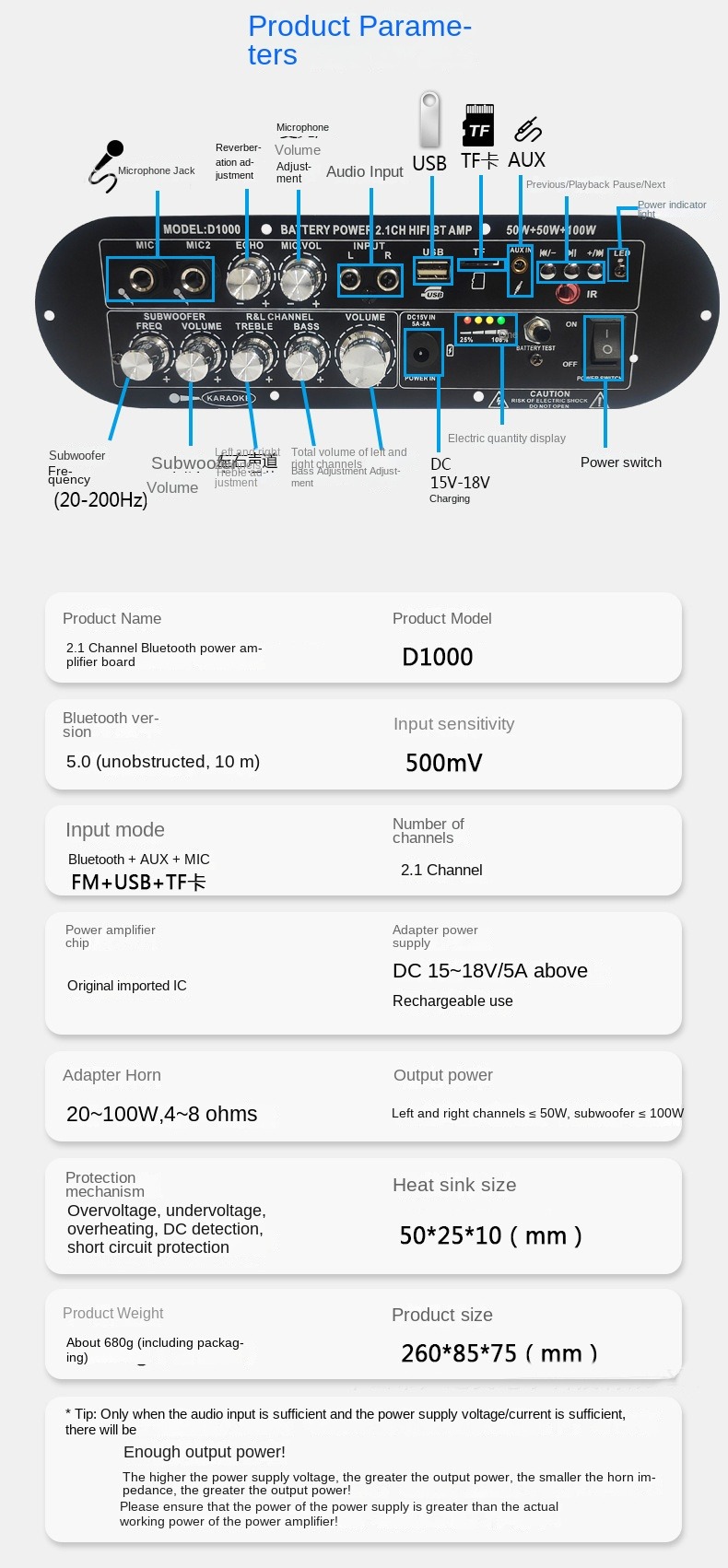 D1000 2.1 Channel Subwoofer Digital Amplifier Board 50W+50W+100W 12v Home Power Amplifier High/Low Tone Rechargeable