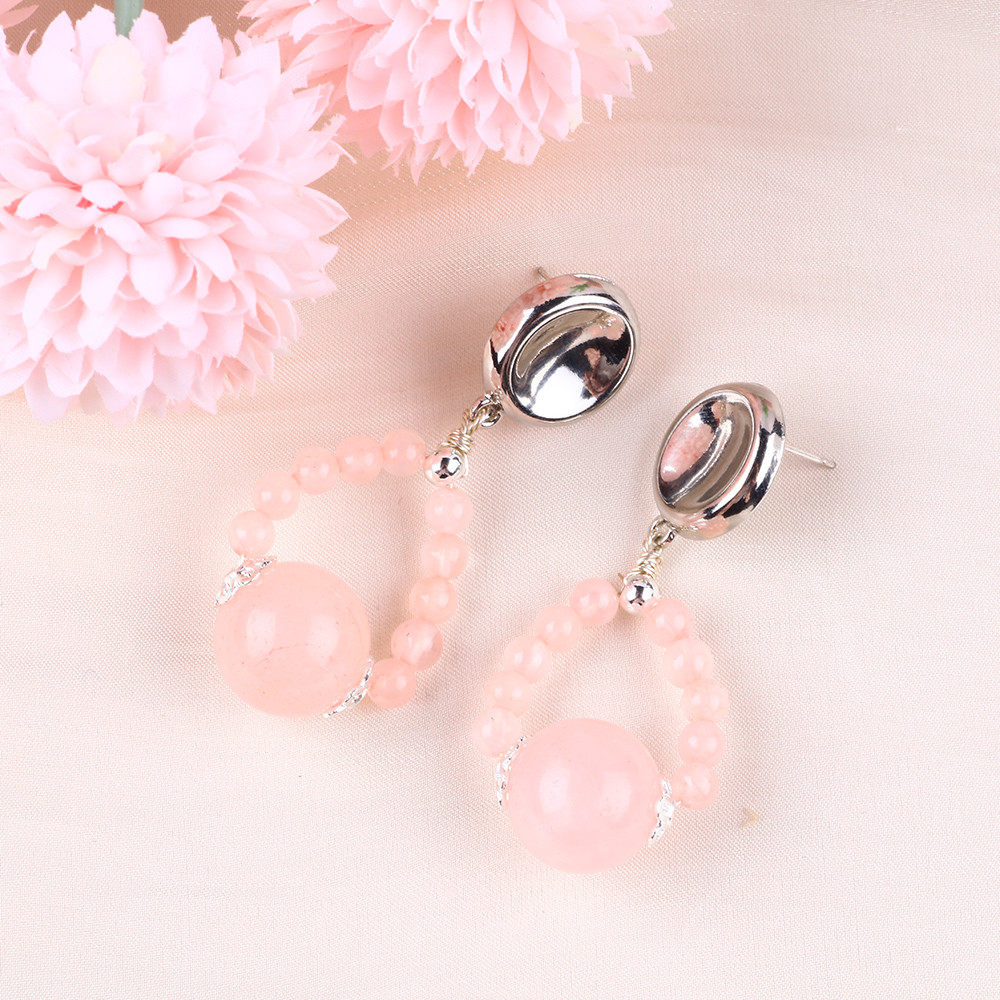 Handmade Crystal Stone Earrings Rose Quartz Gemstone Beaded Pendant Earrings